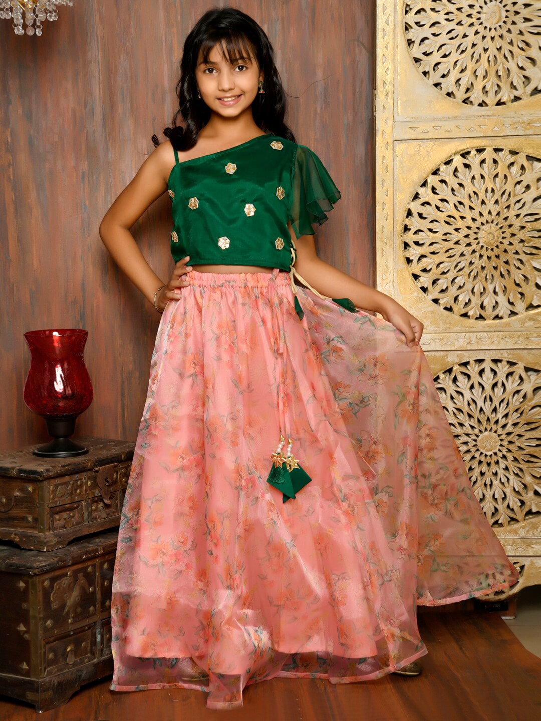 LilPicks Girls Green & Pink Embellished Ready to Wear Lehenga & Price in India