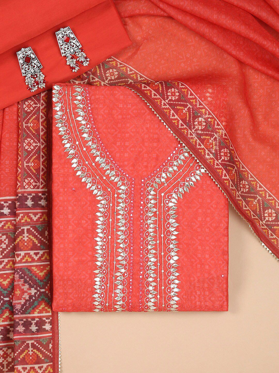 Soch Orange & Silver-Toned Printed Unstitched Dress Material