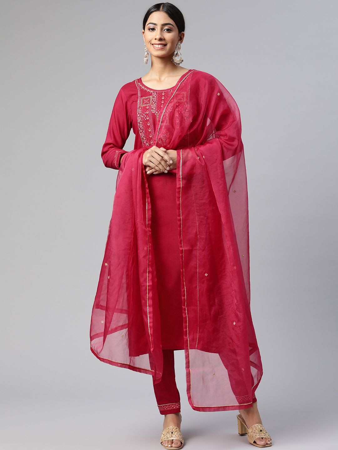 SheWill Women Pink Ethnic Motifs Embroidered Kurta with Trousers & Dupatta Price in India