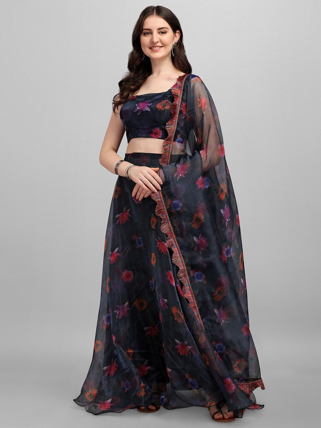 Fashionuma Black & Red Printed Ready to Wear Lehenga & Unstitched Blouse With Dupatta Price in India