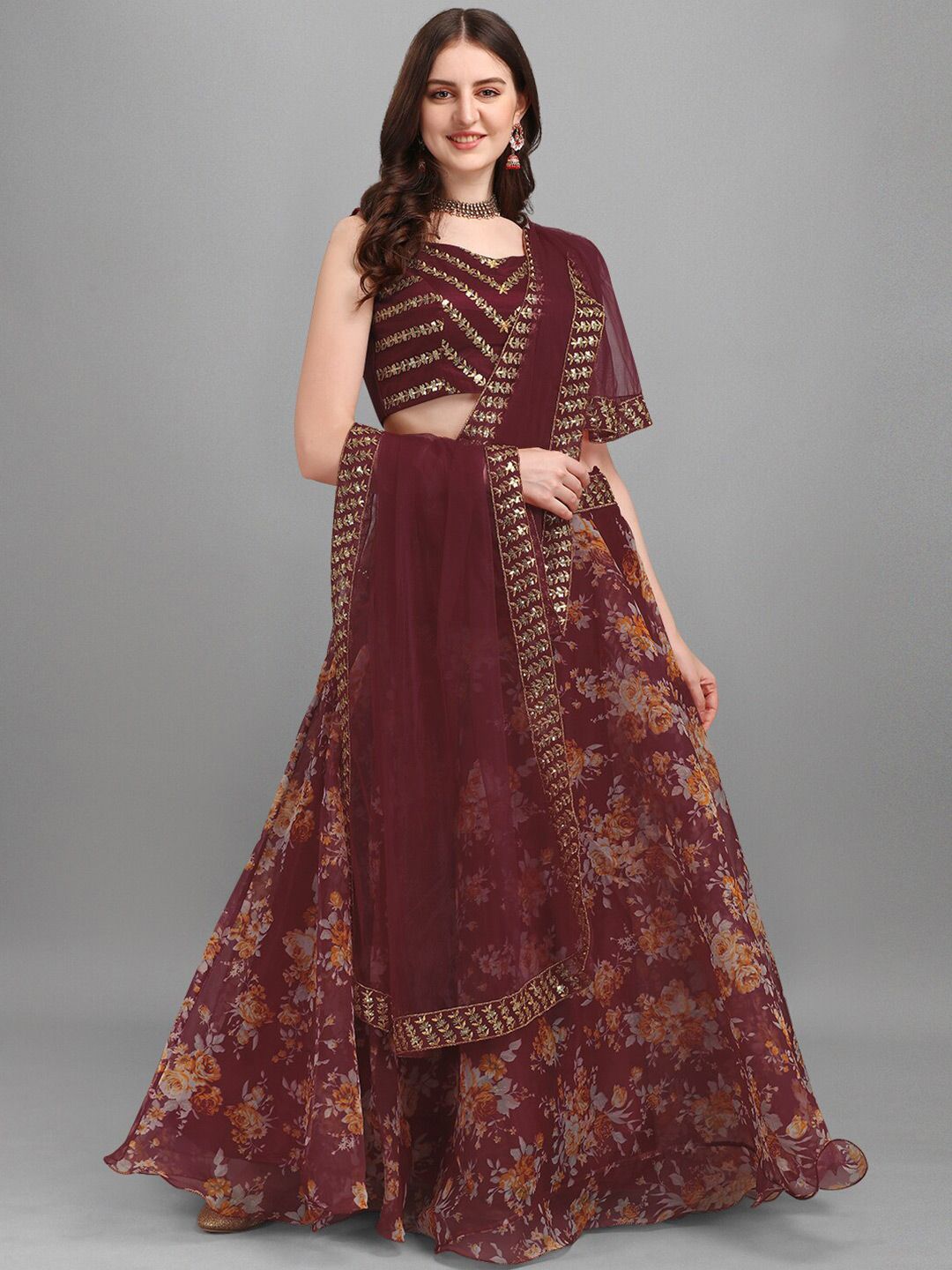 Fashionuma Maroon & Grey Printed Sequinned Ready to Wear Lehenga & Unstitched Blouse With Dupatta Price in India