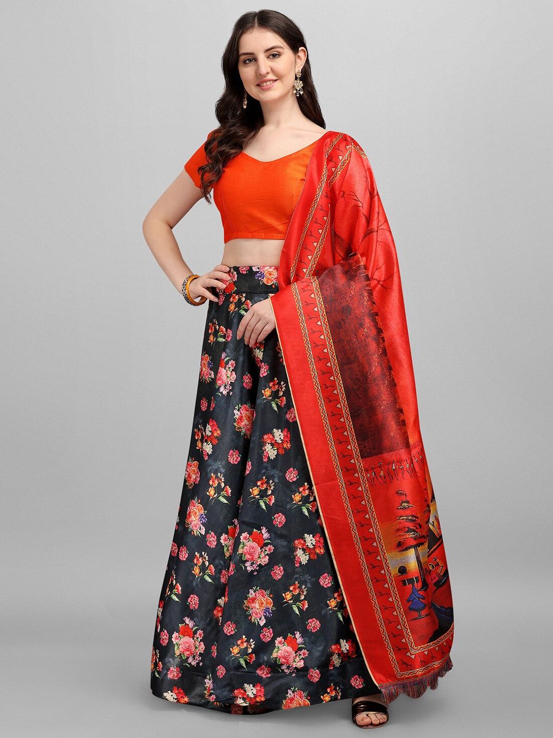 Fashionuma Black & Red Ready to Wear Lehenga & Unstitched Blouse With Dupatta Price in India