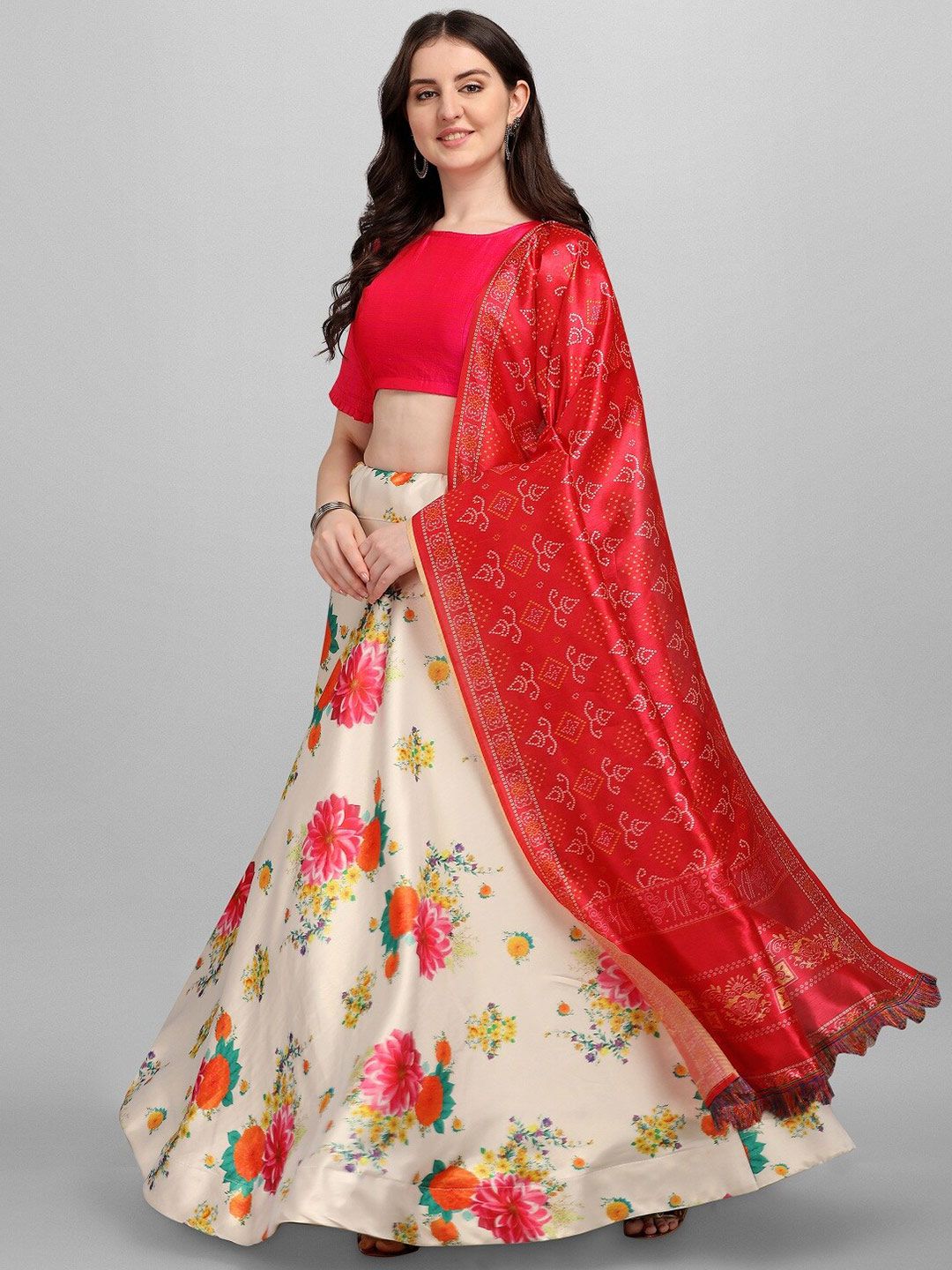 Fashionuma Beige & Red Ready to Wear Lehenga & Unstitched Blouse With Dupatta Price in India