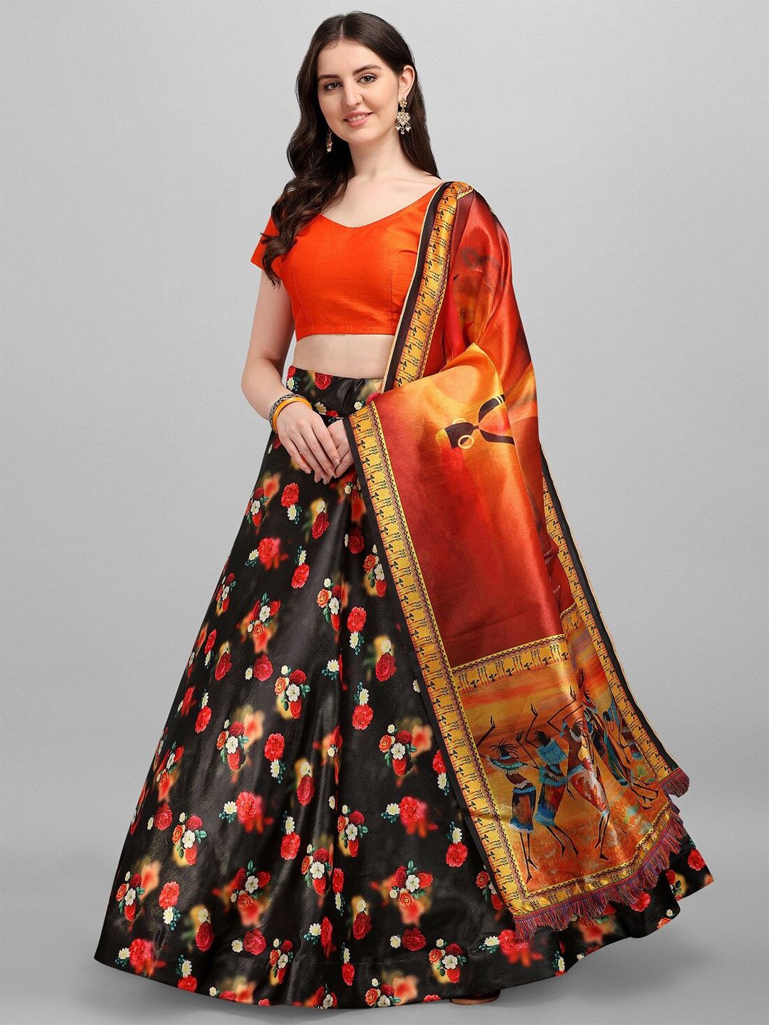 Fashionuma Black & Orange Semi-Stitched Lehenga & Unstitched Blouse With Dupatta Price in India
