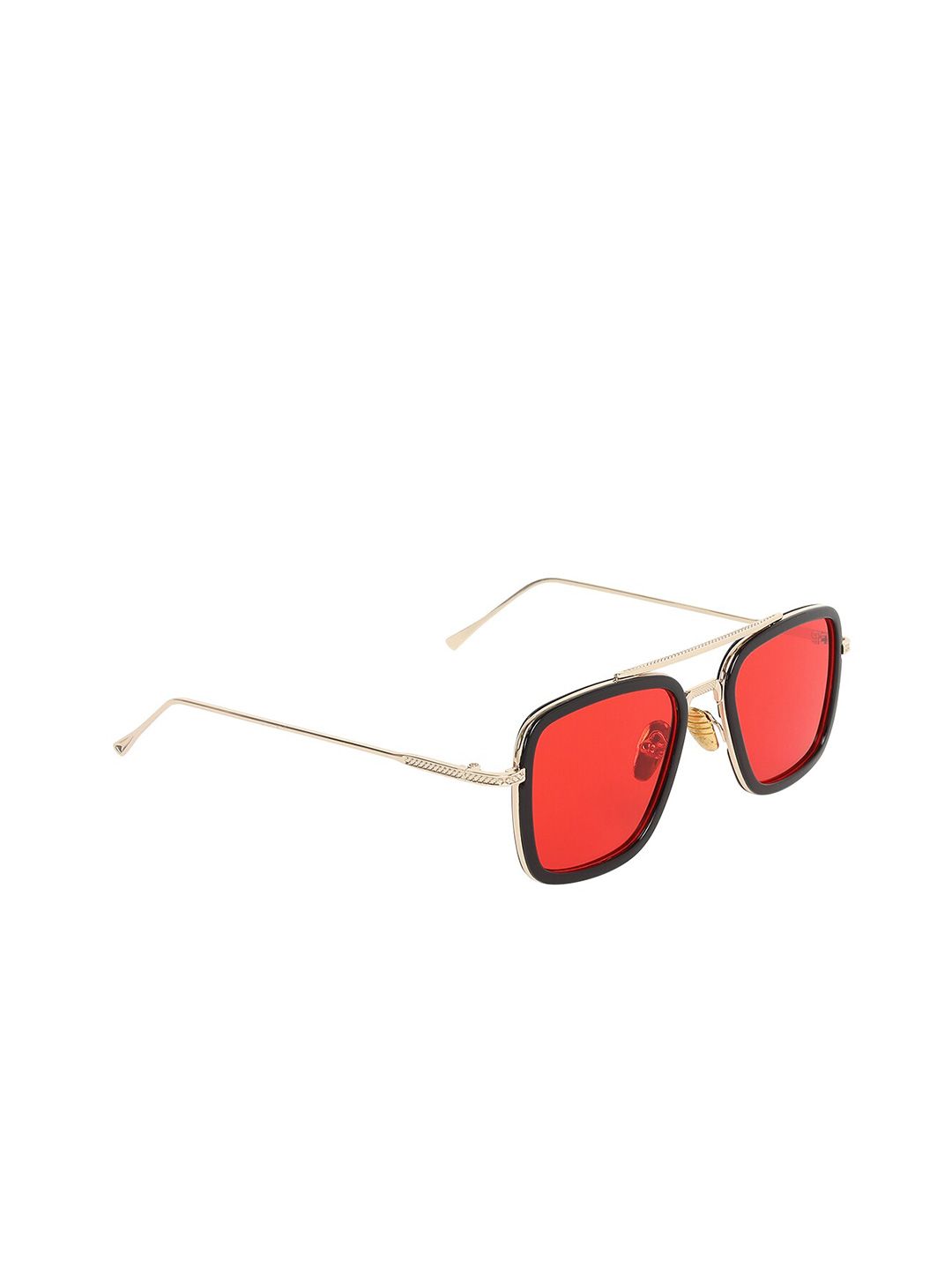 CRIBA Unisex Red Lens & Gold-Toned Rectangle Sunglasses with UV Protected Lens