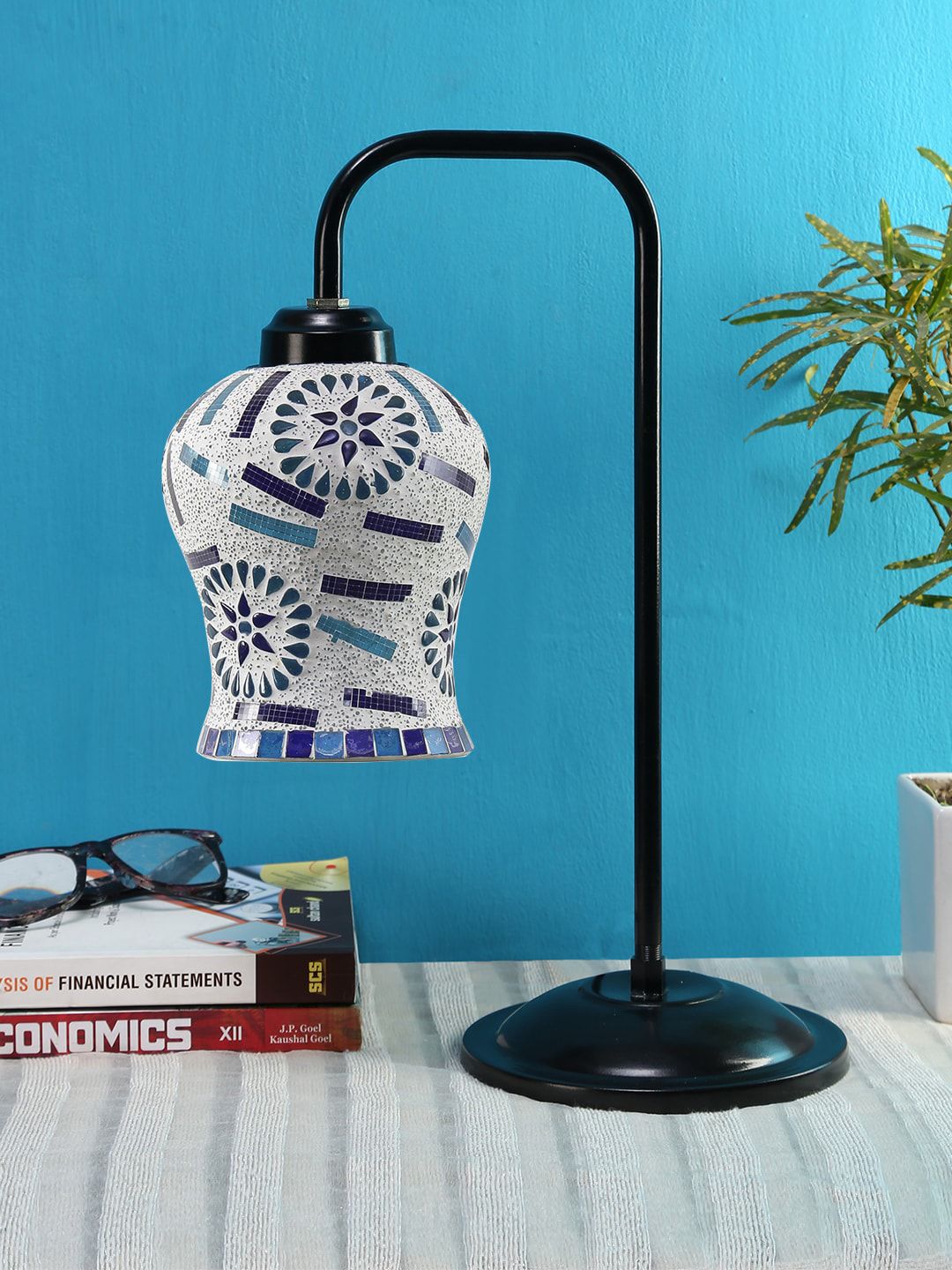 Devansh Blue & White Textured Mosaic Glass Iron Table Lamp Price in India