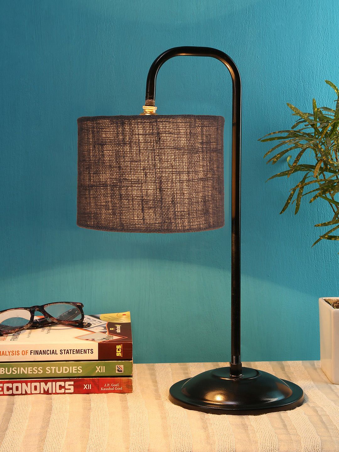 Devansh Grey & Black Solid Jute Shade Iron Table Lamp Price in India