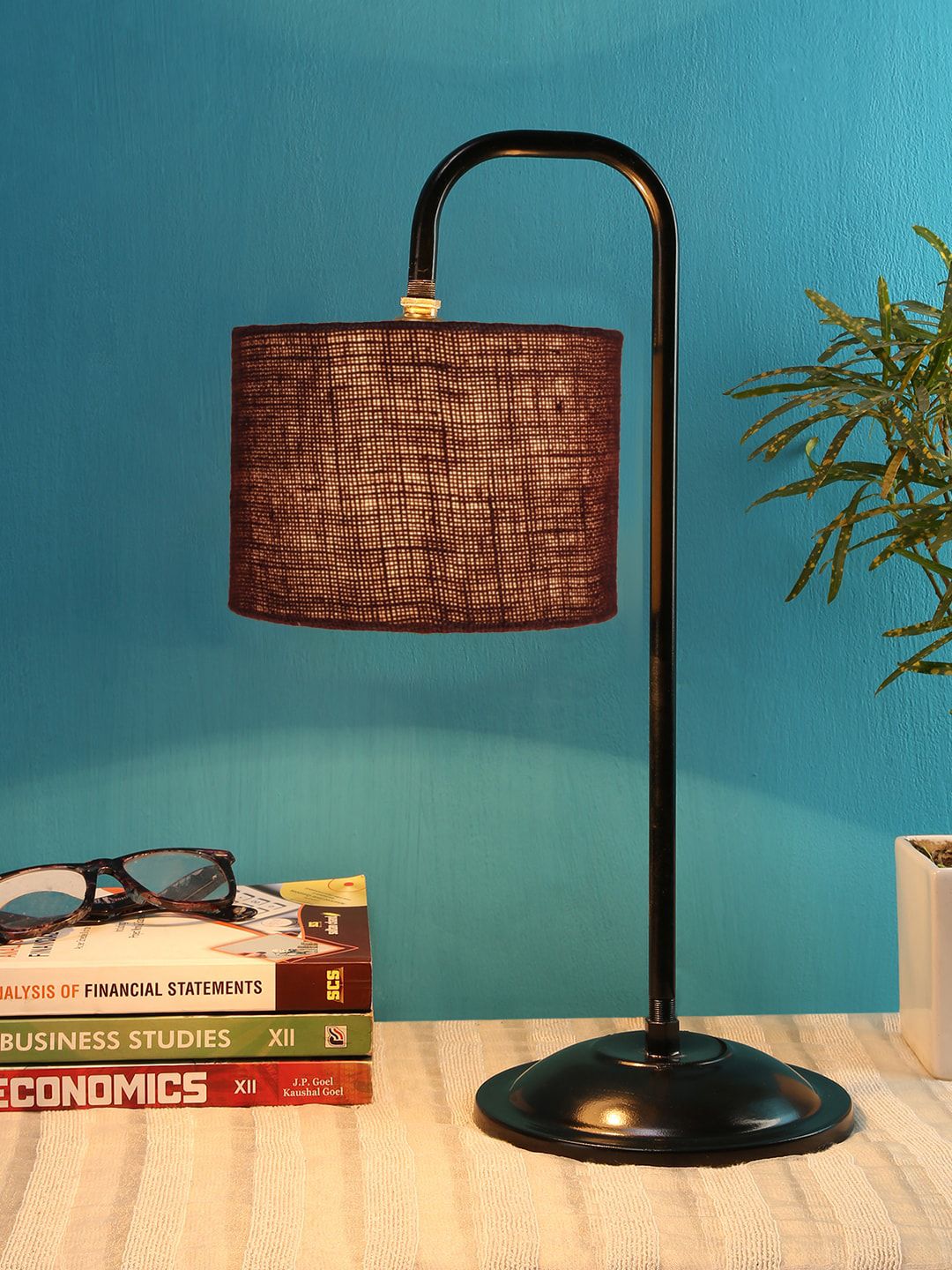 Devansh Brown & Black Jute Shade Iron Table Lamp Price in India