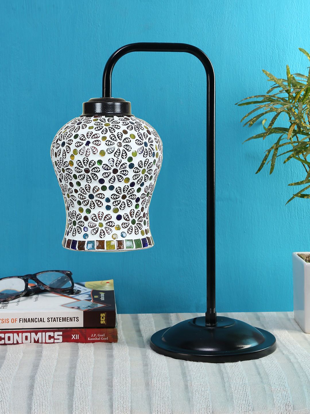 Devansh White Abstract Shaped Printed Table Lamp with Shade Price in India
