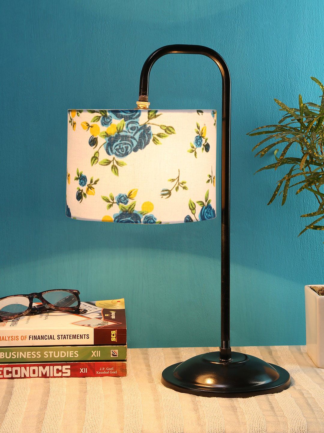 Devansh White & Blue Floral Printed Table Lamps With Cotton Shade Price in India