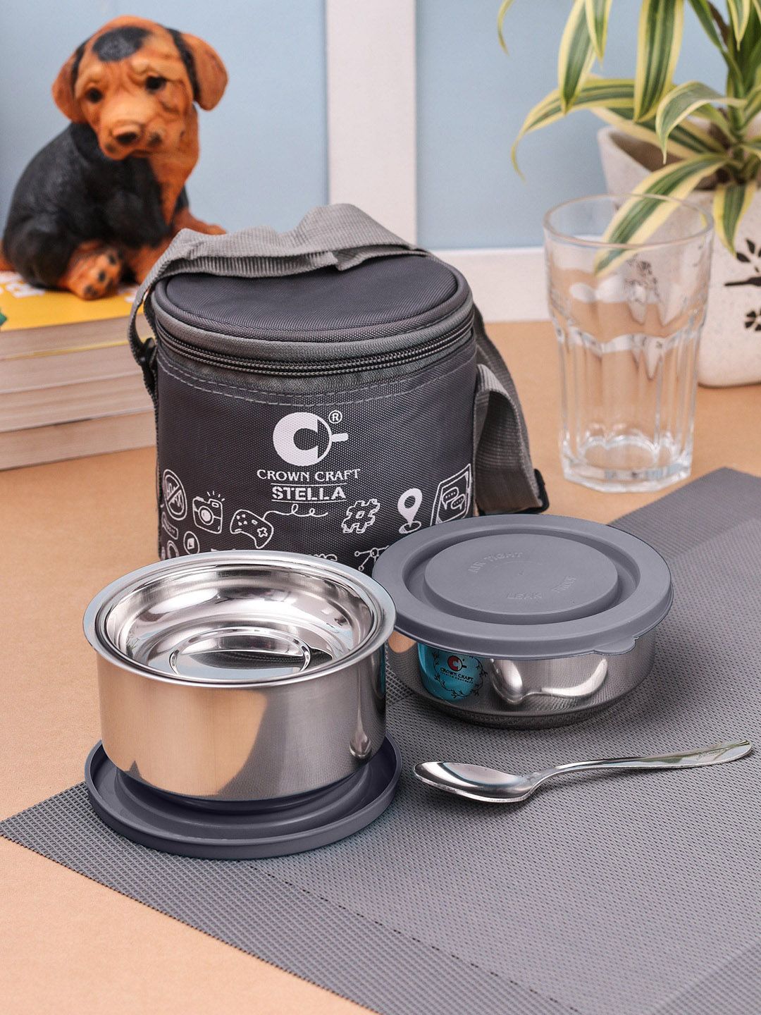 Crown Craft Set Of 2 Grey Solid Stainless Steel Airtight Leakproof Tiffin Box & carry bag Price in India