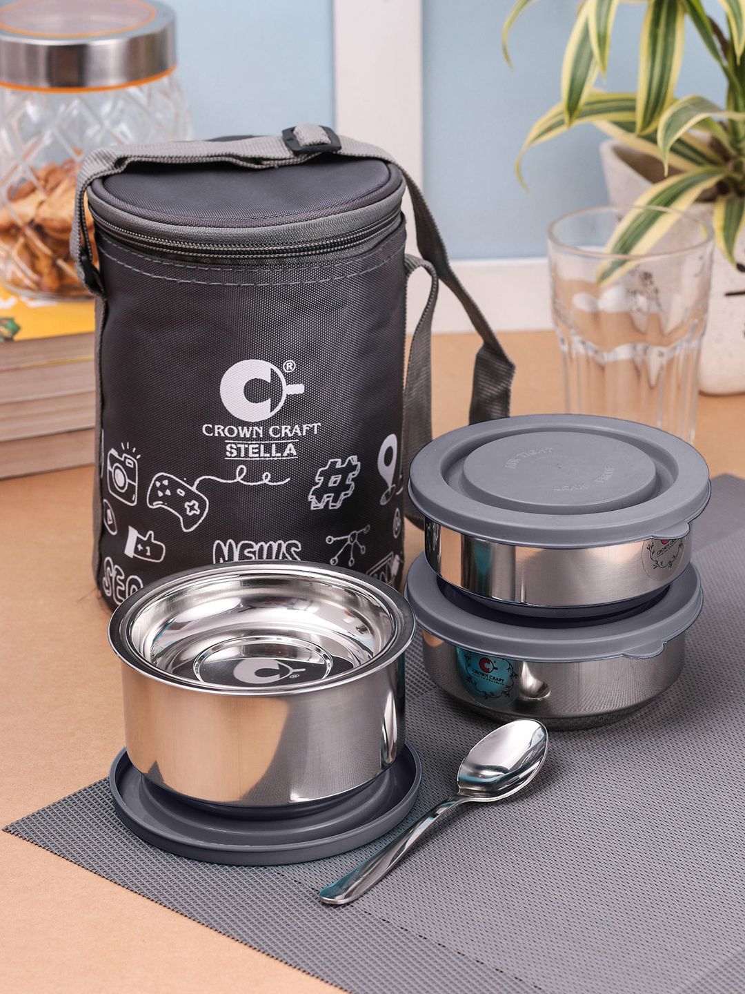 Crown Craft Set of 3 Grey Solid Stainless Steel Airtight Leak Proof Lunch Box Set Price in India
