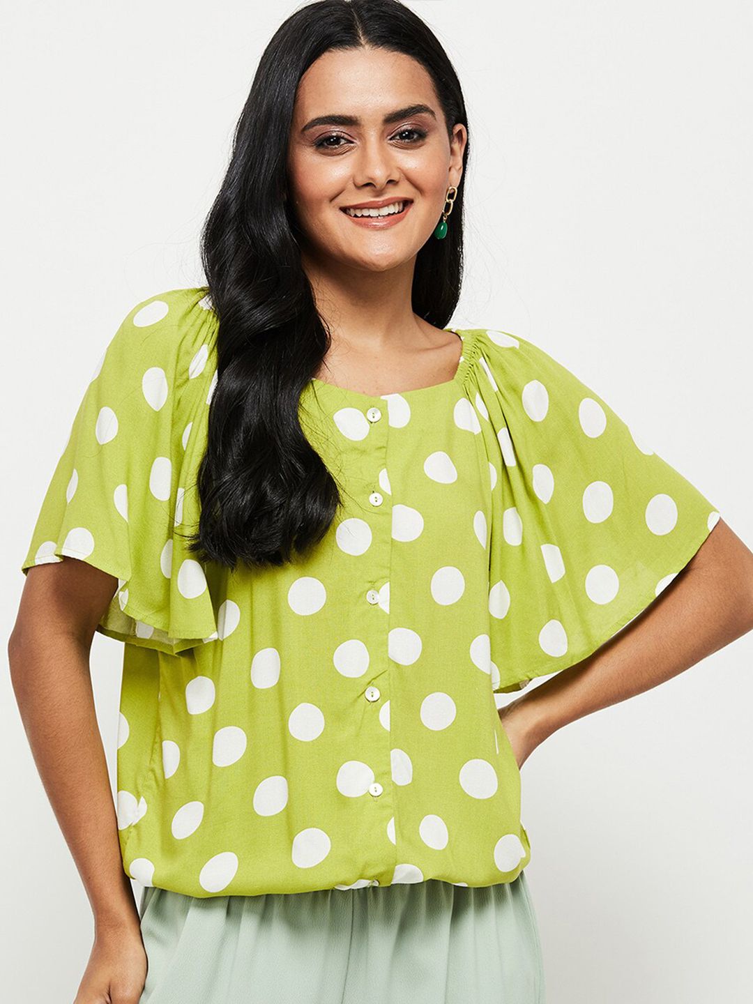 max Green Print Sweetheart Neck Shirt Style Top Price in India