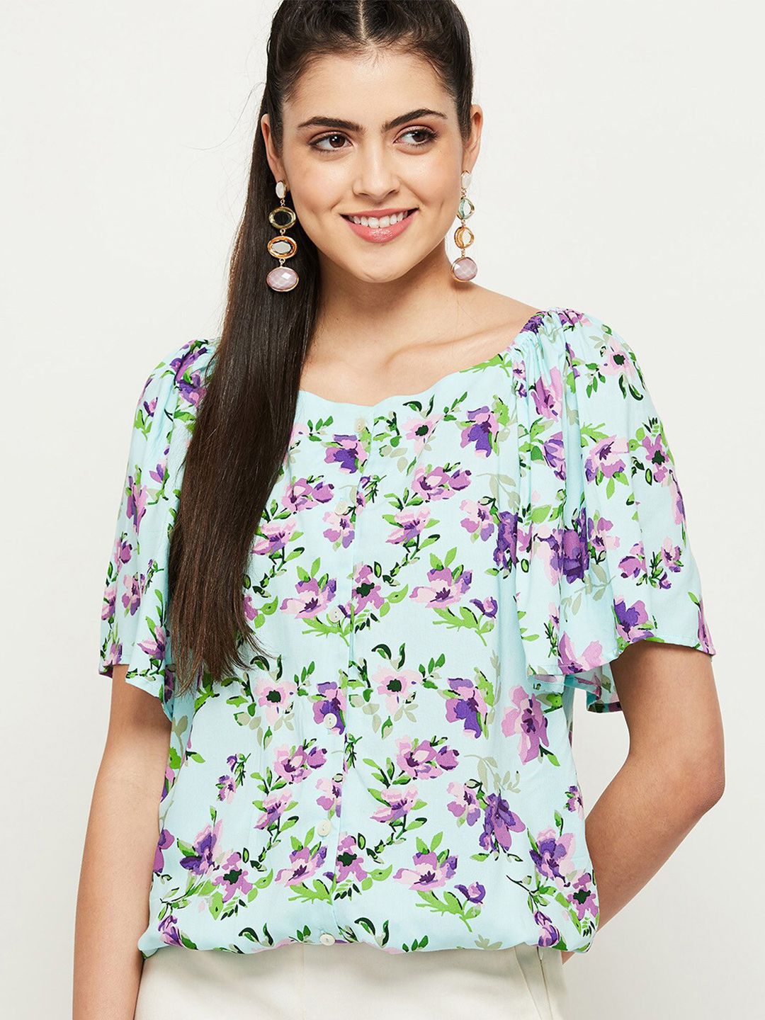 max Blue Floral Print Sweetheart Neck Top Price in India