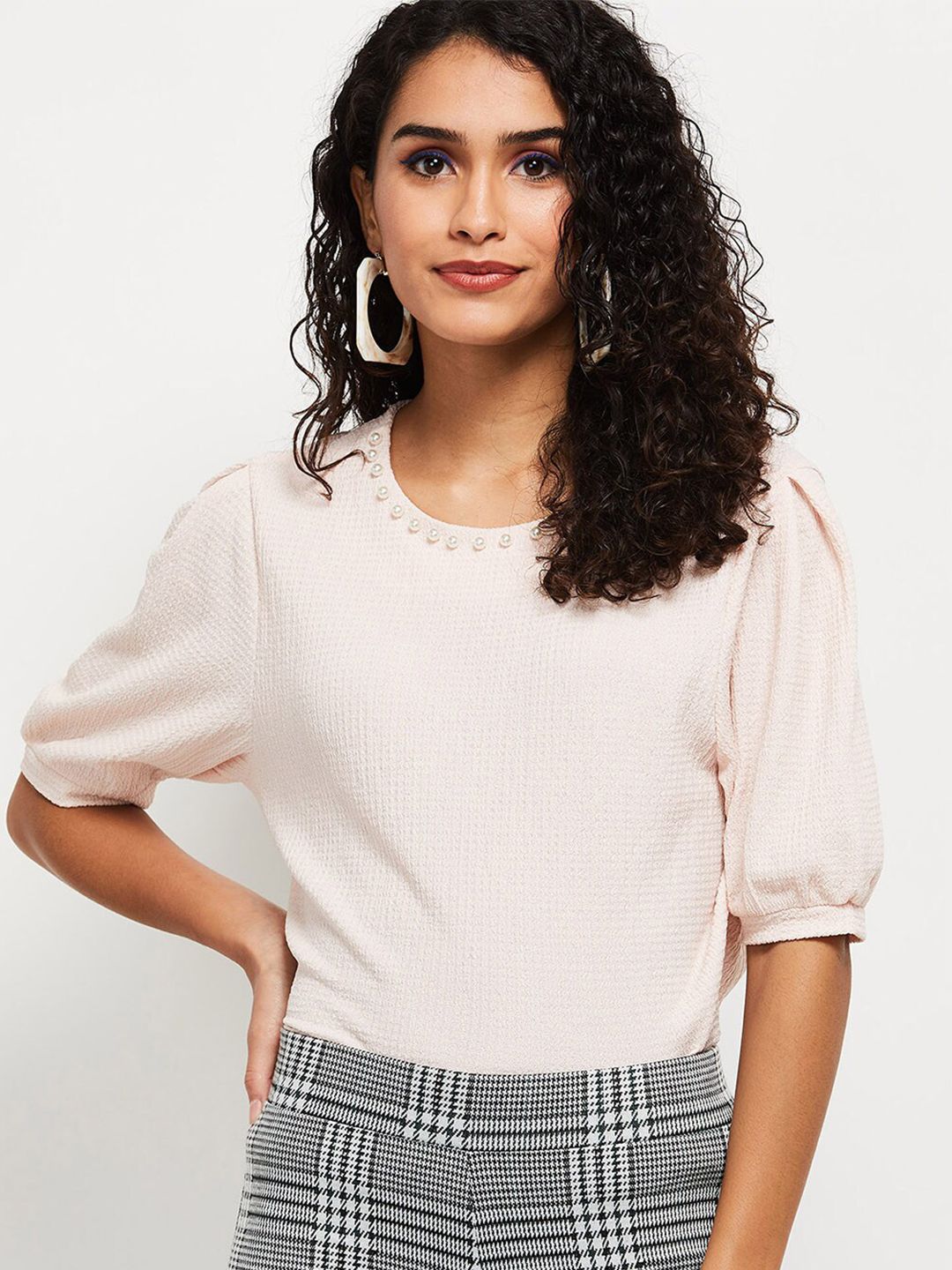 max Women Pink Solid Puff Sleeve  Regular Top