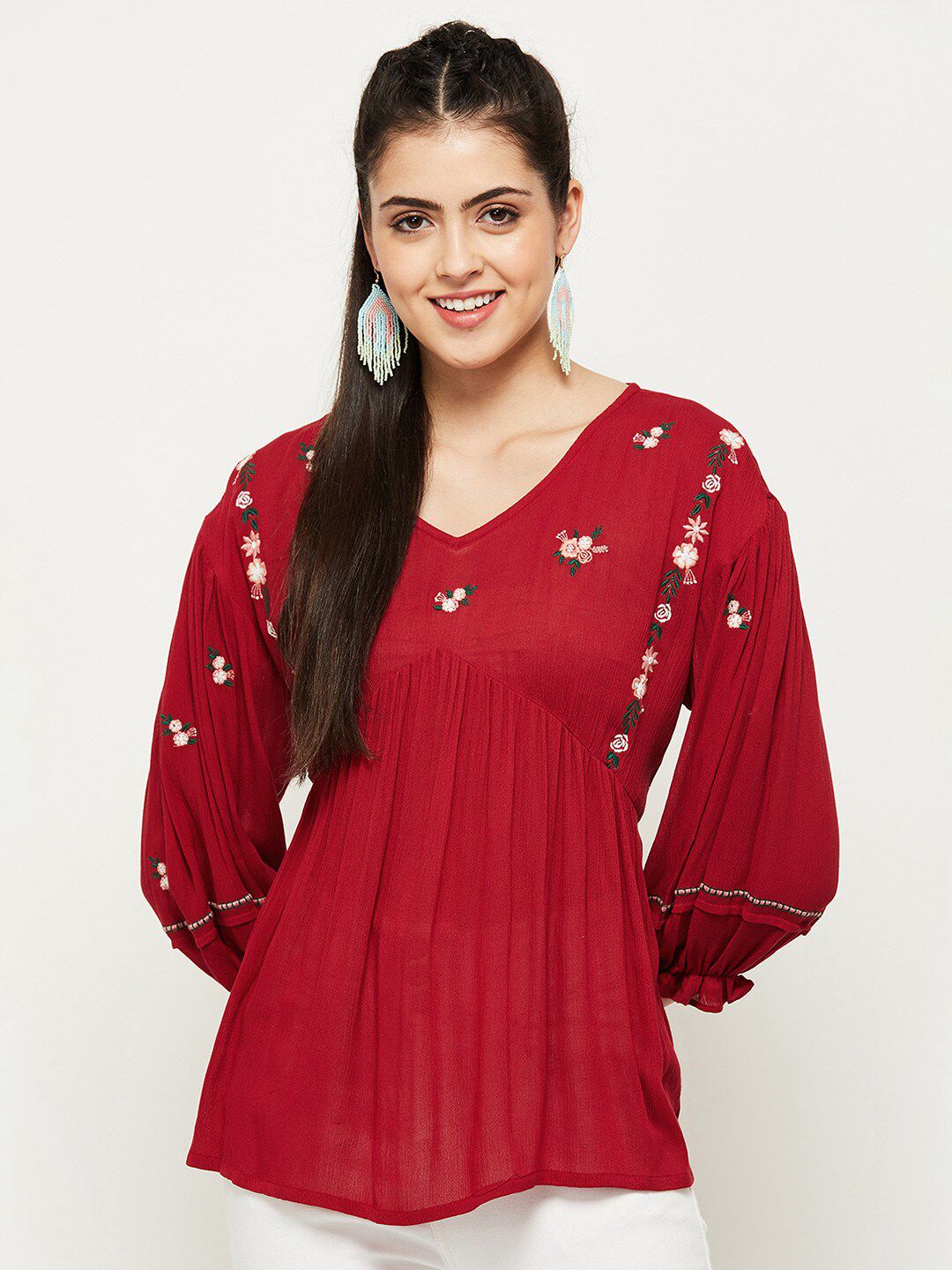 max Red Embroidered Empire Top Price in India