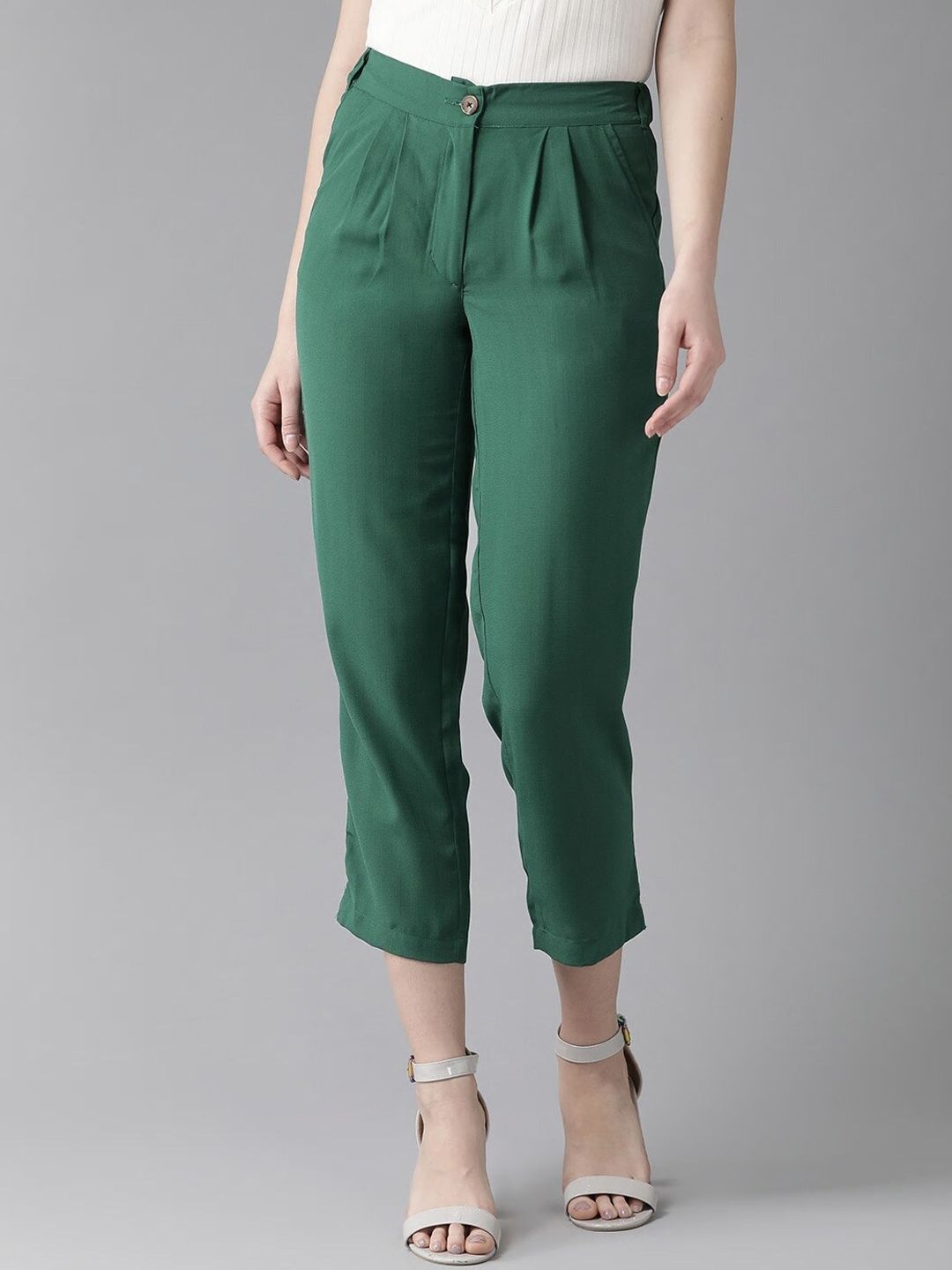 Hubberholme Women Green Comfort Slim Fit High-Rise Easy Wash Pleated Trousers Price in India