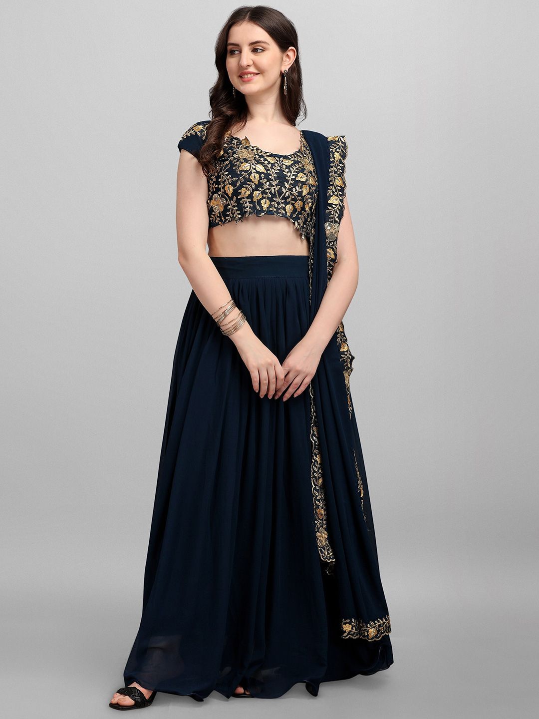 Fashionuma Blue & Gold-Toned Patchwork Semi-Stitched Lehenga & Unstitched Blouse With Dupatta Price in India