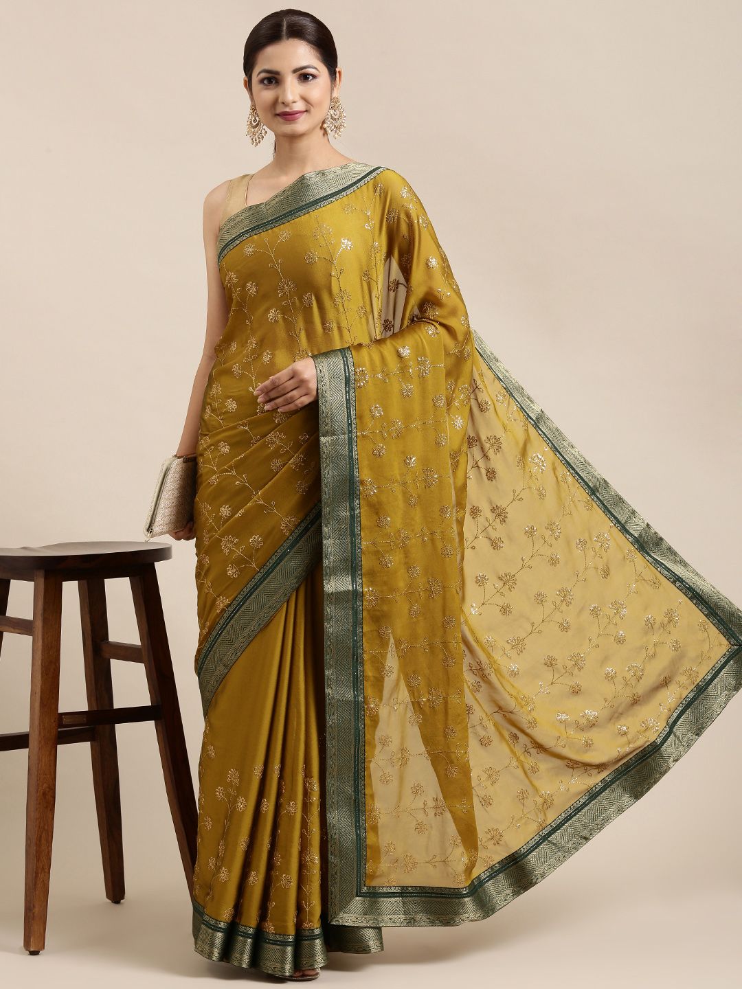 Pothys Mustard & Green Floral Sequinned Pure Chiffon Saree Price in India