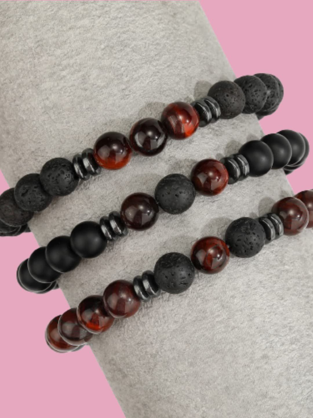 HOT AND BOLD Unisex Set Of 3 Black & Brown Tigers Eye Bracelet Price in India