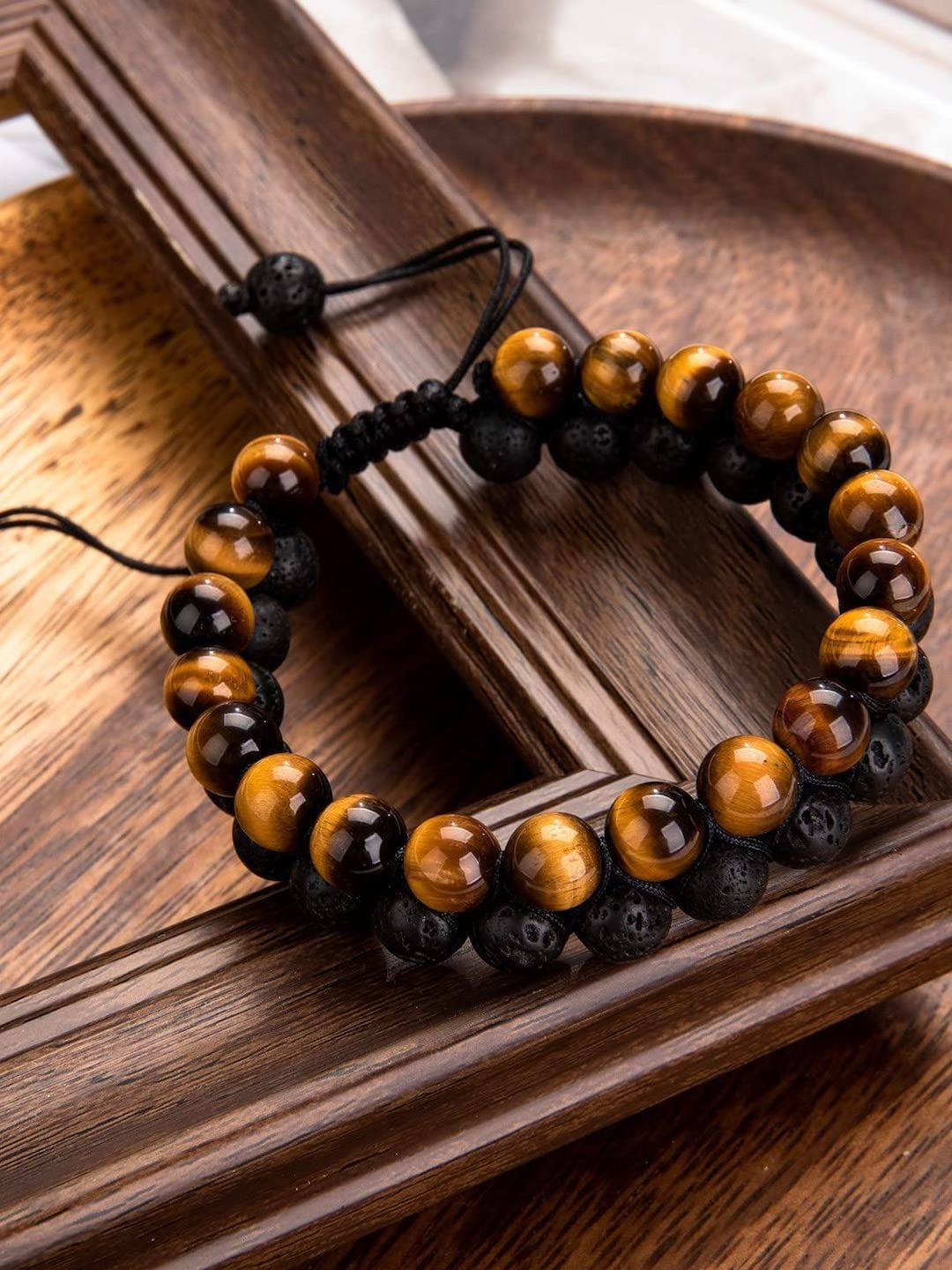 HOT AND BOLD Women Black & Brown Tigers Eye Multistrand Bracelet Price in India