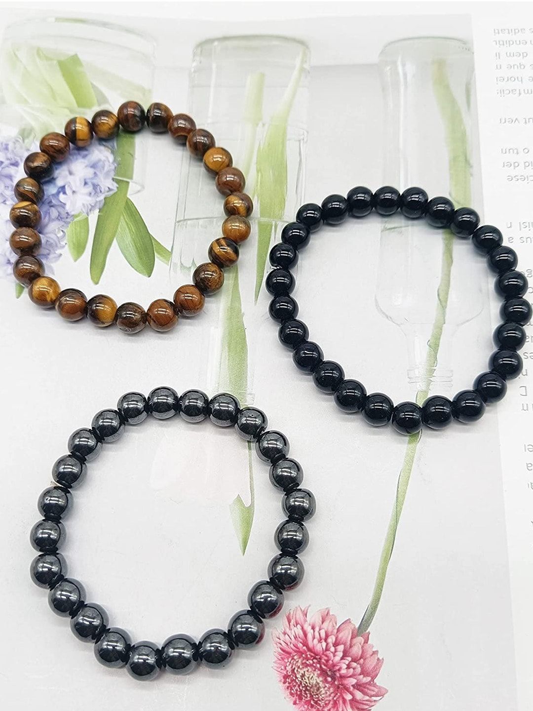 HOT AND BOLD Unisex Set of 3 Black & Beige Tigers Eye Bracelet Price in India
