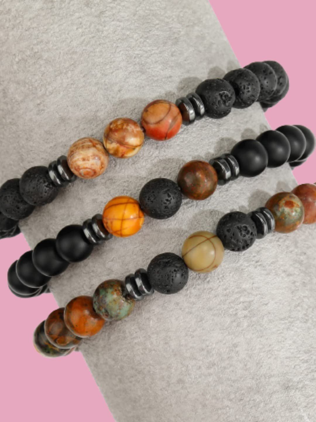 HOT AND BOLD Unisex Set of 3 Black & Brown Onyx Beaded Bracelet Price in India