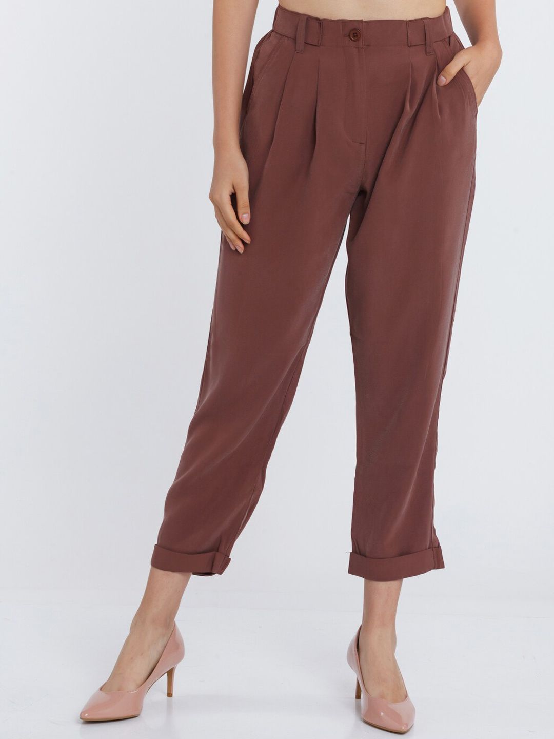 Zink London Women Brown Tapered Fit High-Rise Pleated Trousers Price in India