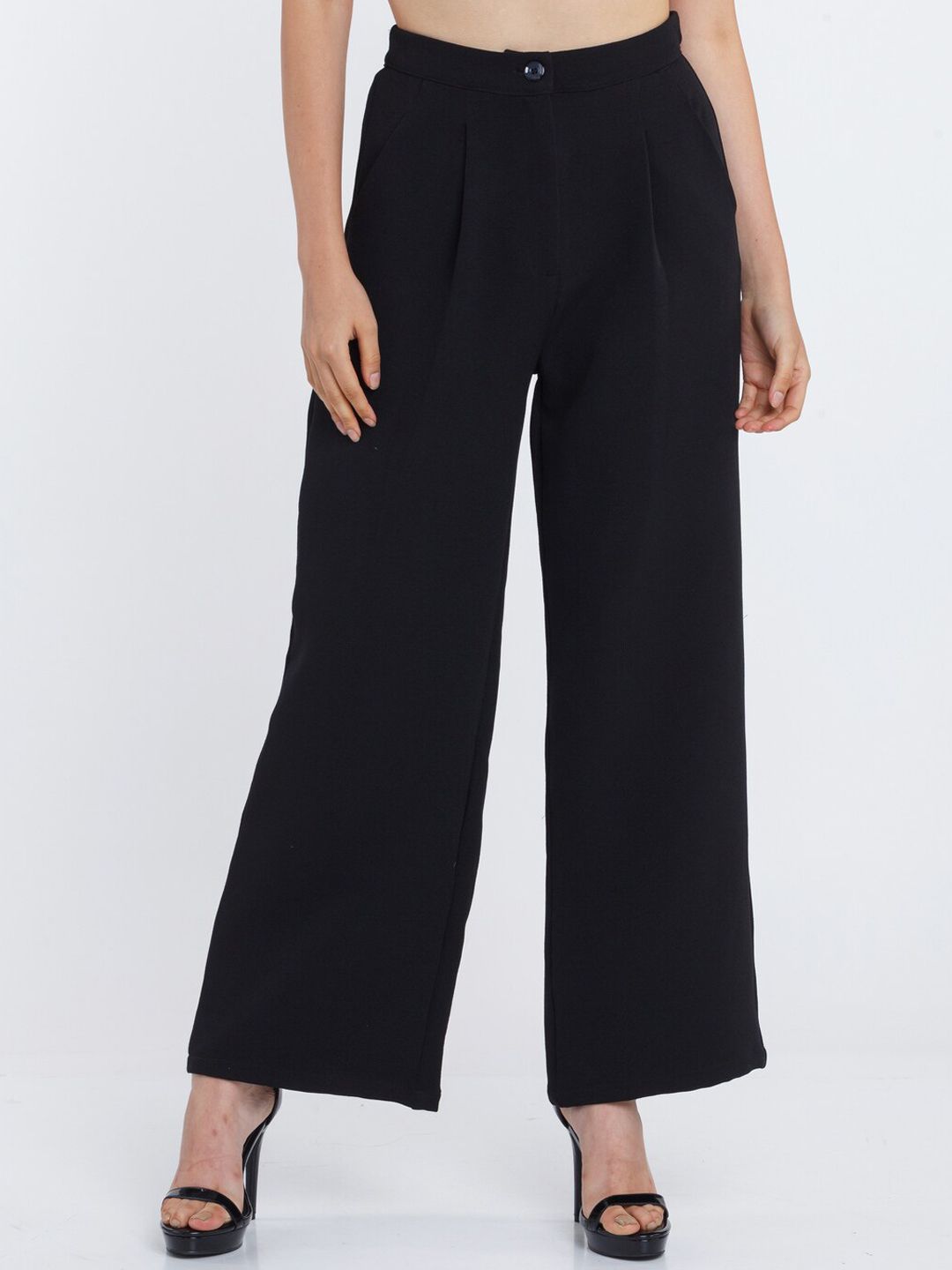 Zink London Women Black Flared High-Rise Trousers Price in India