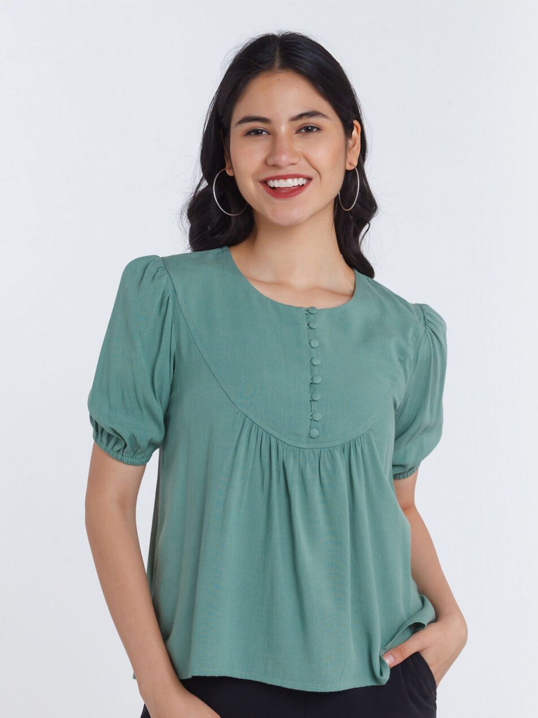 Zink London Women Green Solid A-line Top Price in India