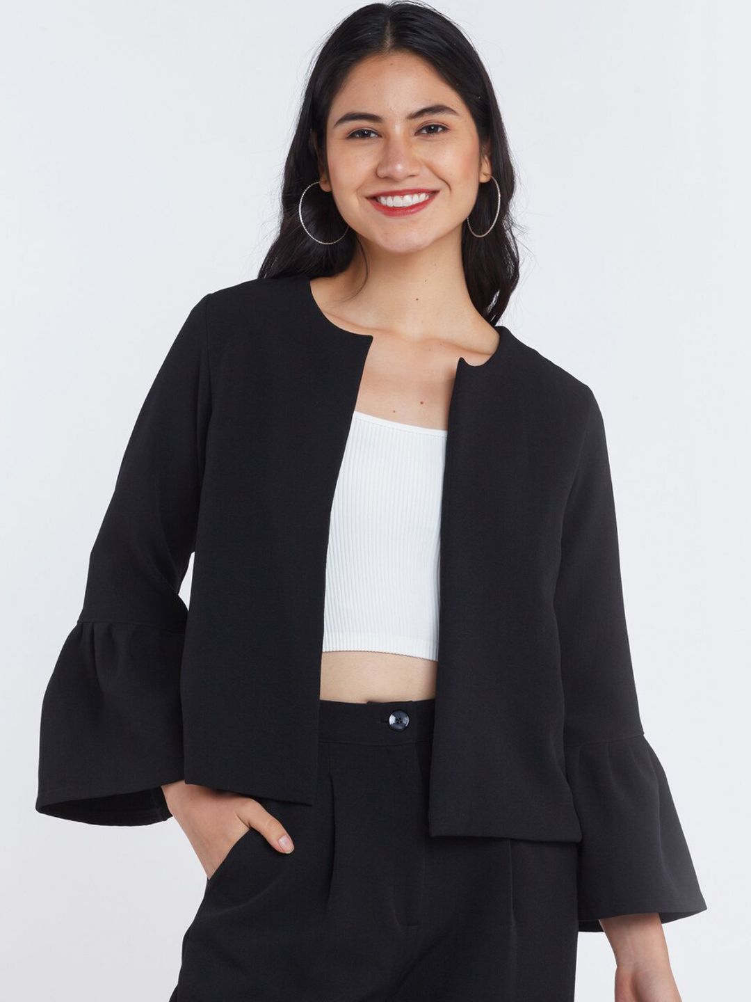 Zink London Women Black Solid Open Front Jacket Price in India