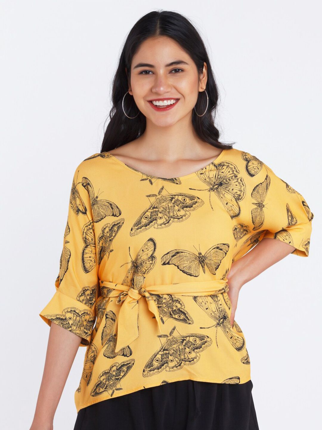 Zink London Yellow Floral Print Top Price in India