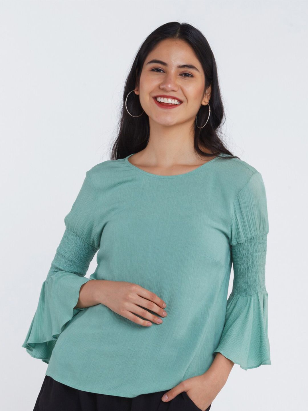 Zink London Green Bell Sleeves Straight Top Price in India