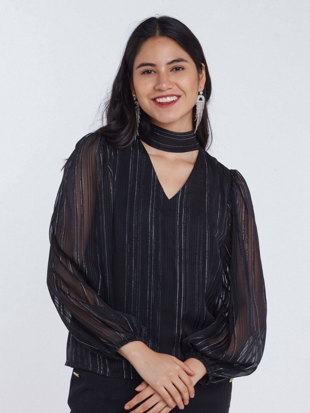 Zink London Black Striped Keyhole Neck Top Price in India