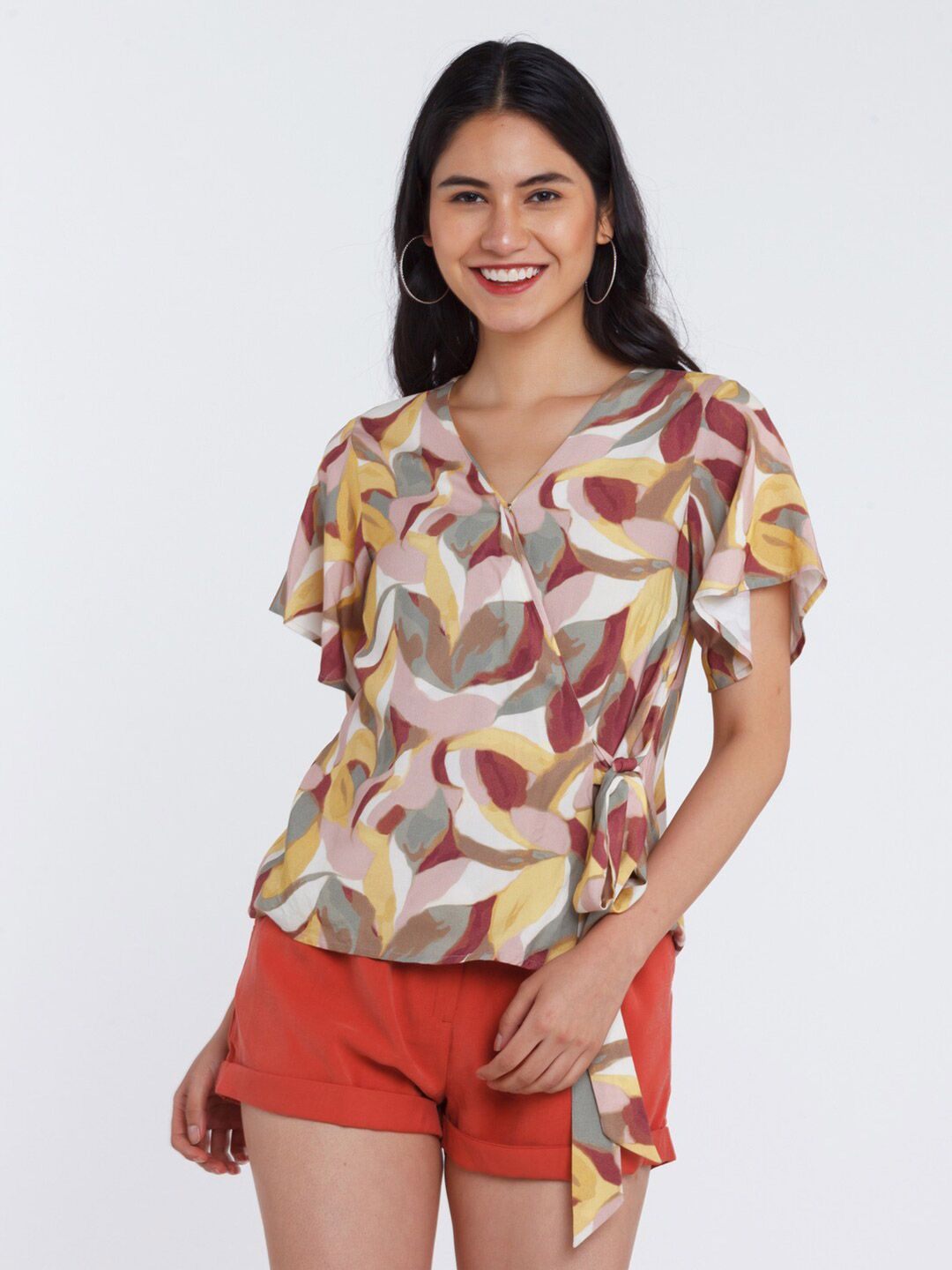 Zink London White & Maroon Floral Print Wrap Top Price in India