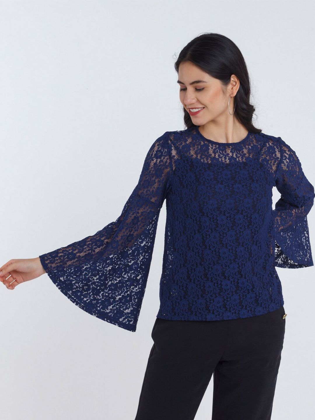 Zink London Blue Keyhole Neck Bell Sleeve Top Price in India
