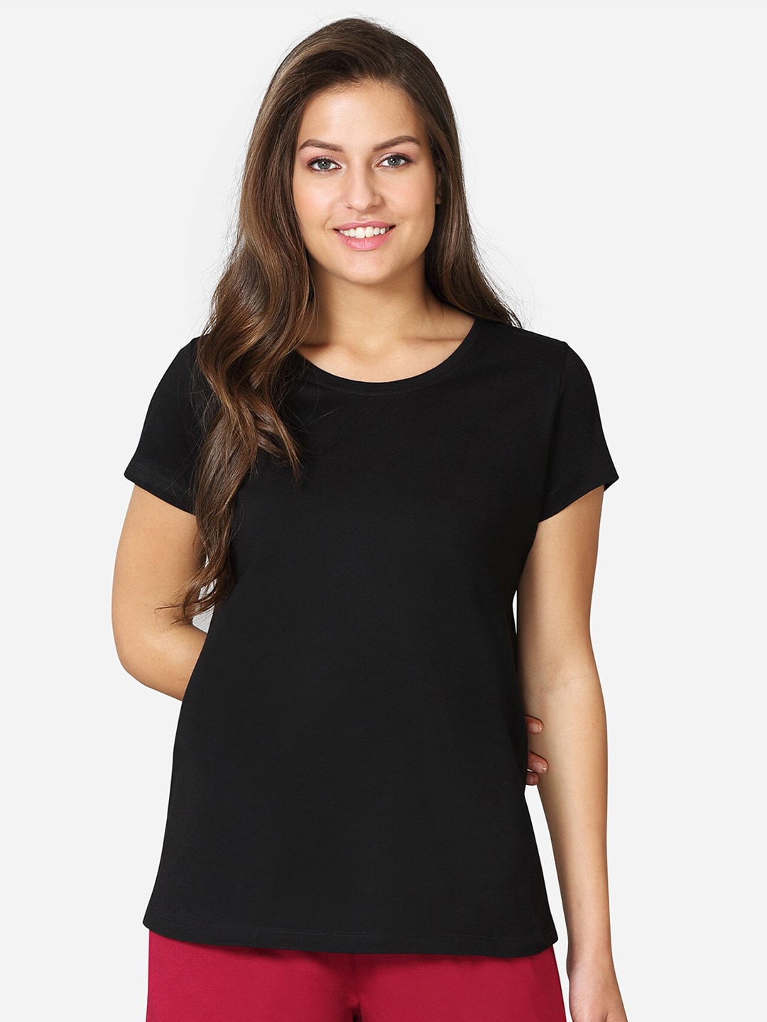 VStar Women Black Solid Pure Cotton Lounge T-shirt Price in India