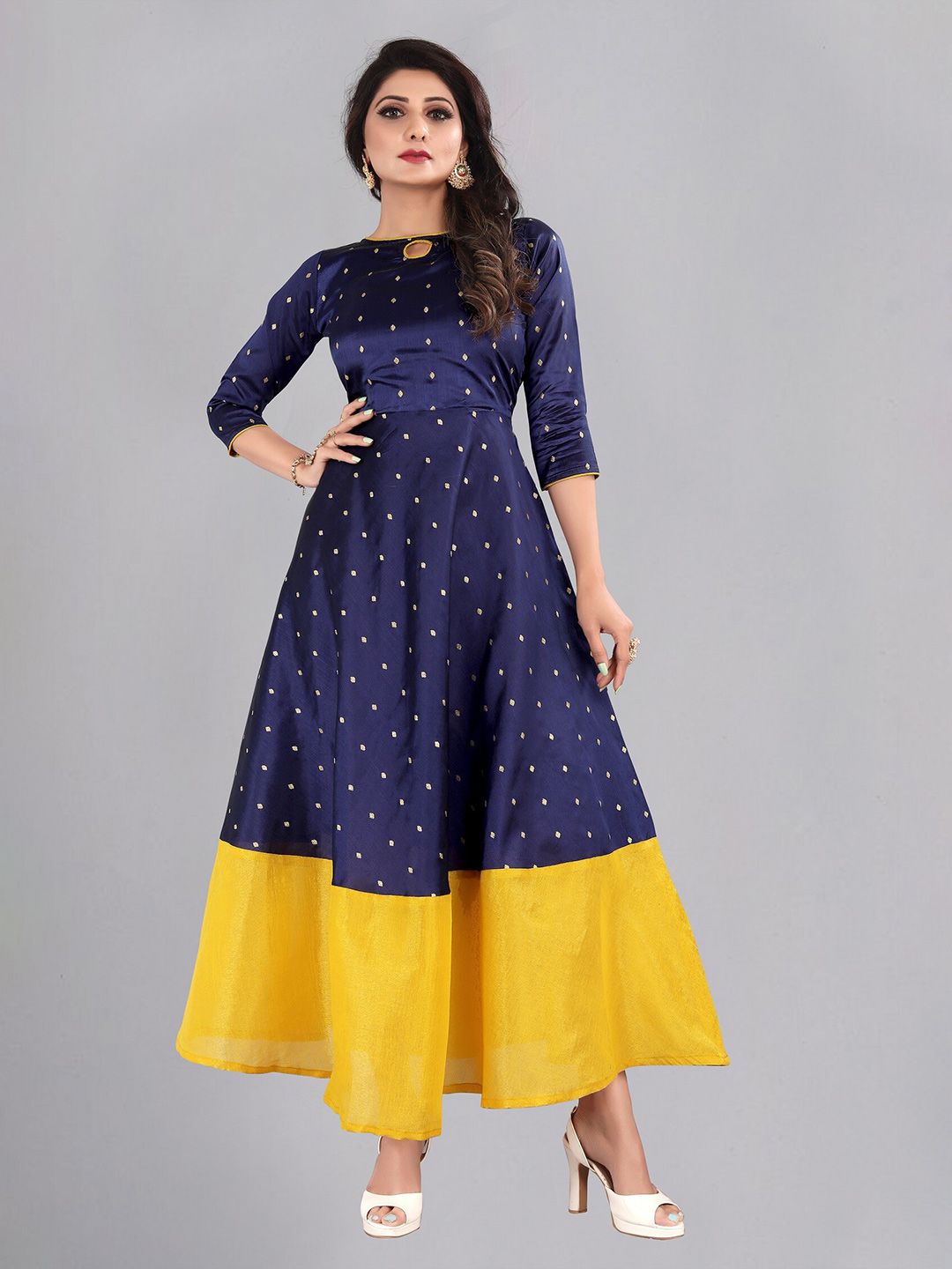 Atsevam Blue & Yellow Keyhole Neck Jacquard Ethnic Maxi Dress Price in India