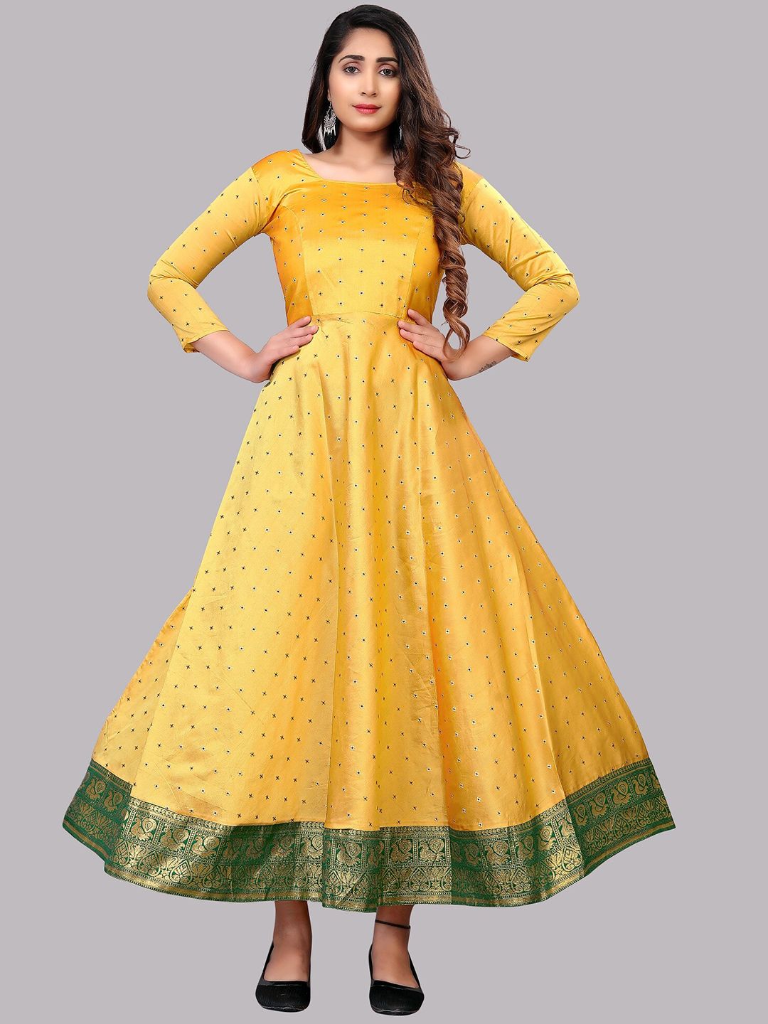 Atsevam Yellow Ethnic Motifs Jacquard Ethnic Maxi Dress Price in India