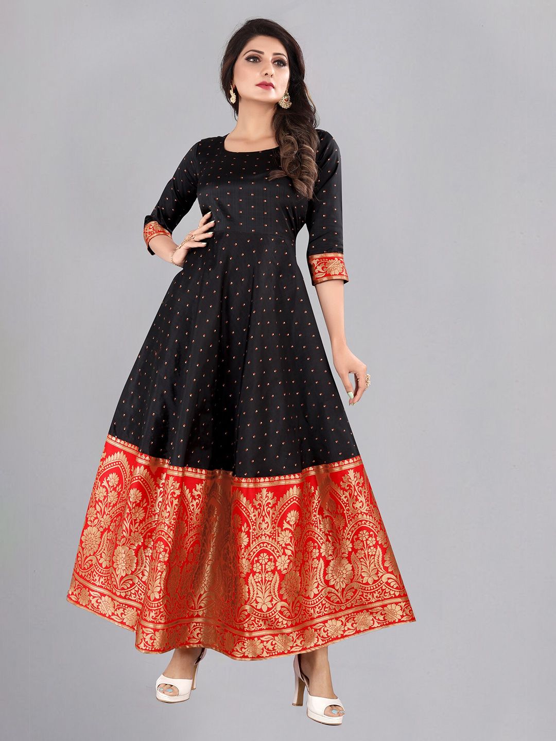 Atsevam Black & Red Ethnic Motifs Jacquard Ethnic taffeta Silk Gown Price in India