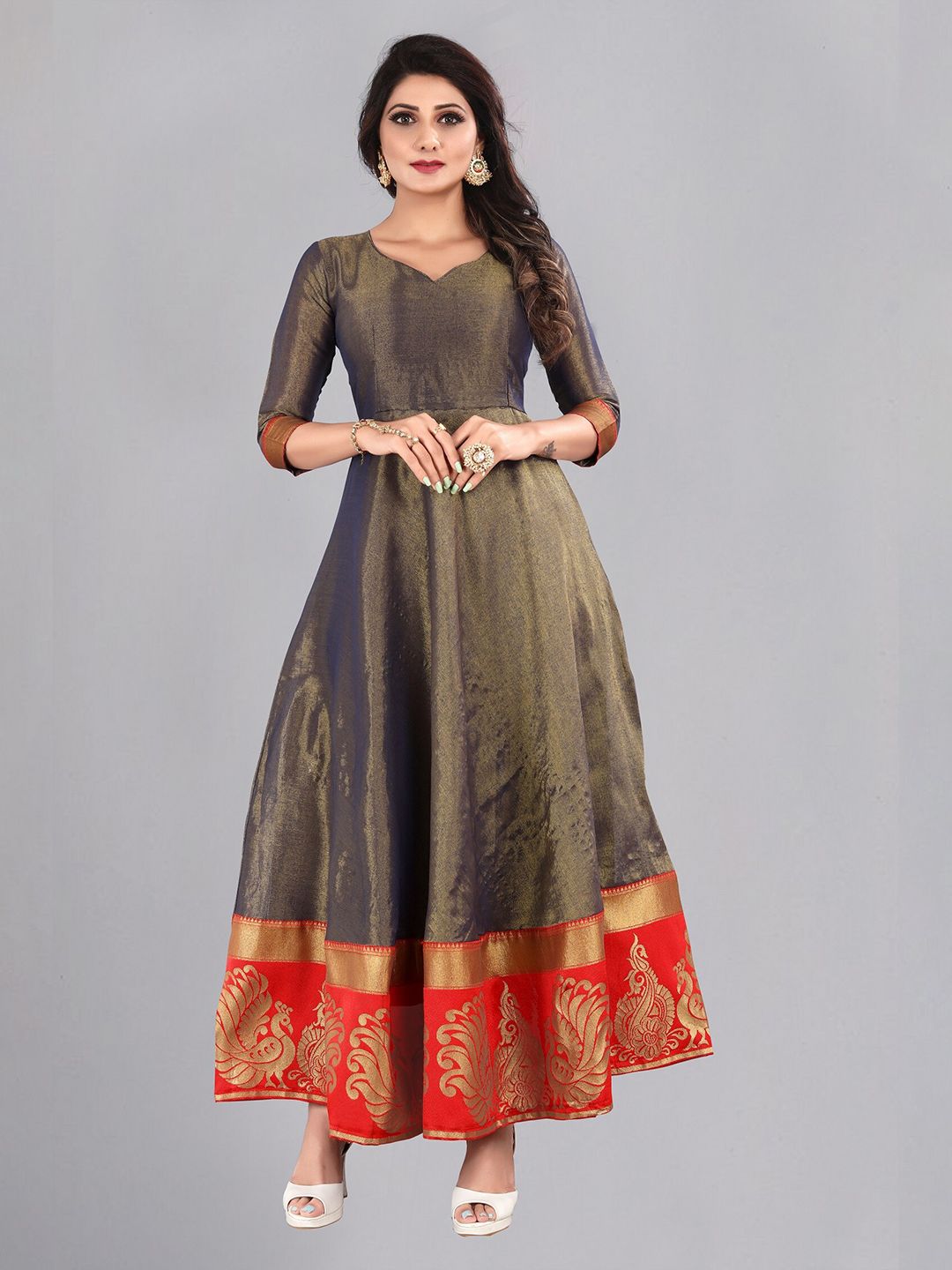 Atsevam Grey Ethnic Motifs Jacquard Ethnic taffeta Silk Gown Price in India