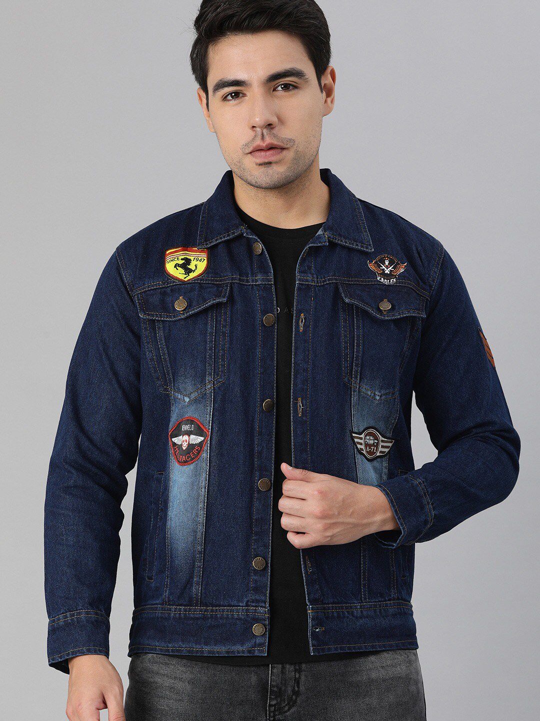 VOXATI Men Blue Washed Denim Jacket with Patchwork