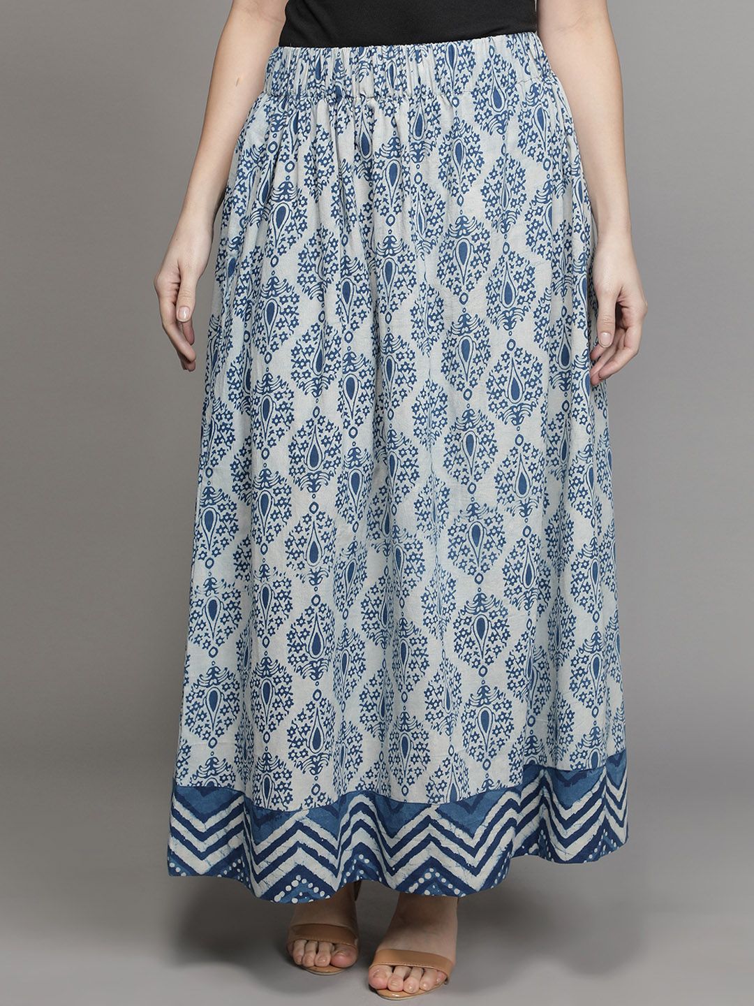 Cot'N Soft Women Blue & White Hand Block Printed Pure Cotton Flared Maxi Skirts Price in India