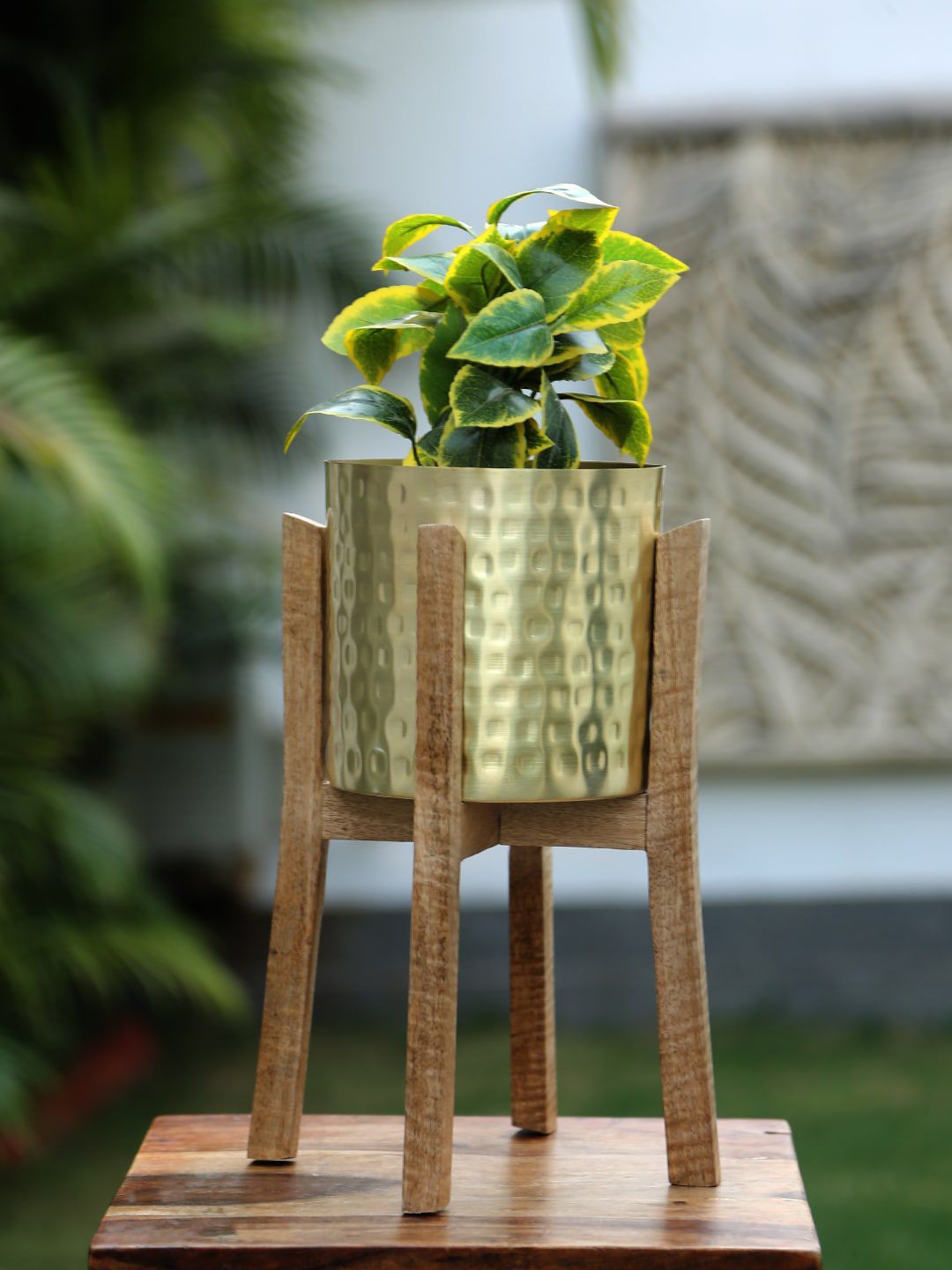Amoliconcepts Gold-Toned & Brown Solid Hammered Planter With Wooden Stand Price in India