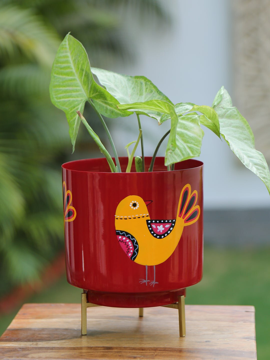 Amoliconcepts Red & Yellow Bird Printed Handcrafted Pot With Stand Price in India