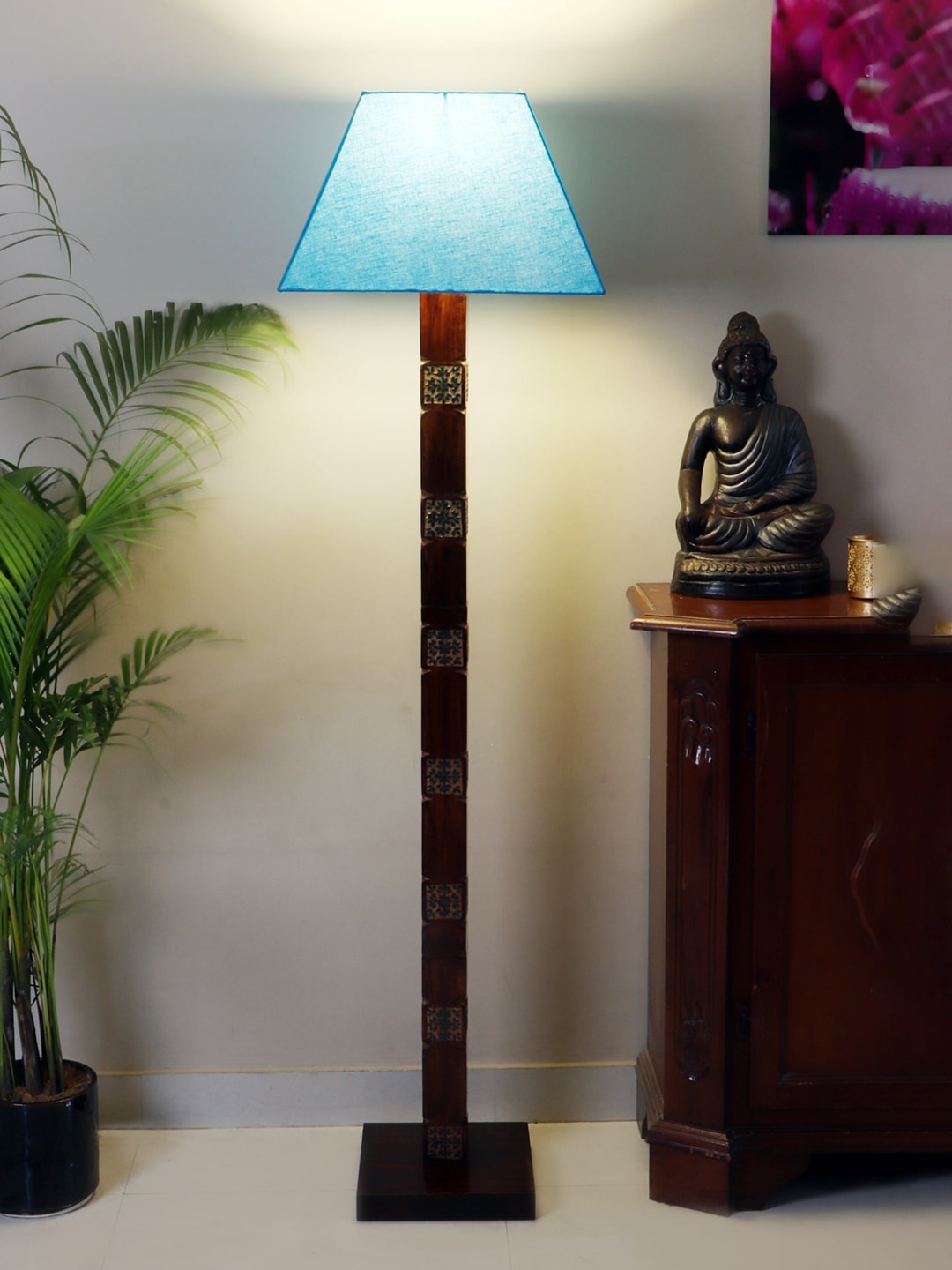 nakshikathaa Blue & Brown Solid Wood Floor Lamps Price in India