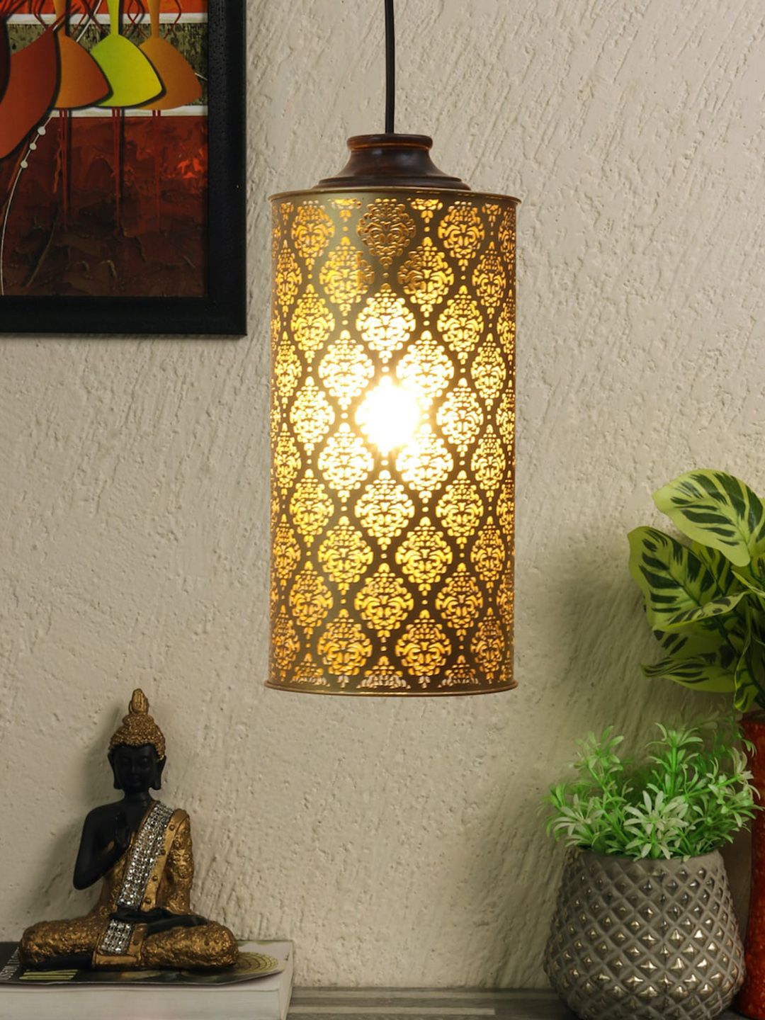 nakshikathaa Gold-Toned Printed Hanging Lamp Price in India