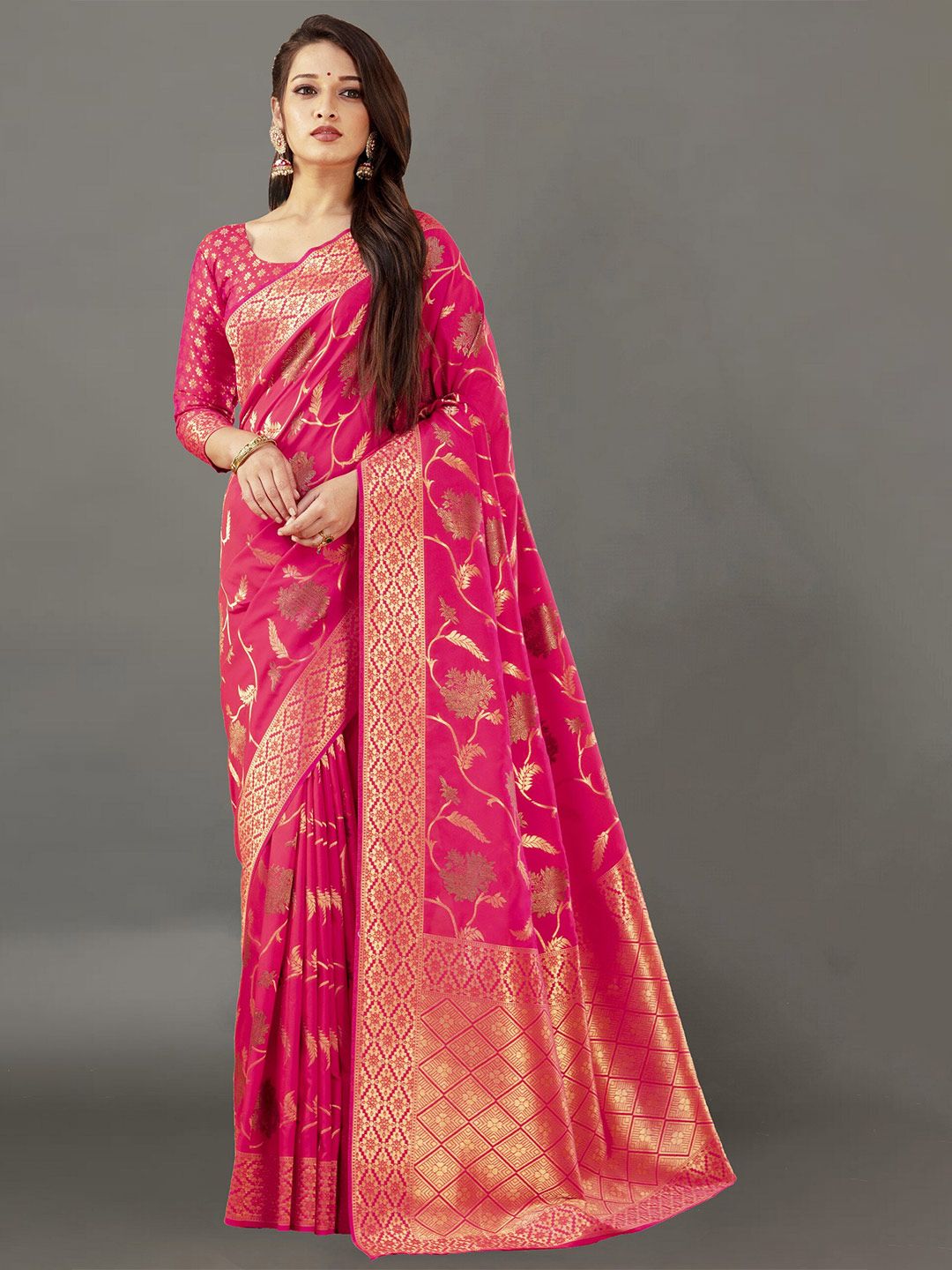 Ekta Textiles Pink Floral Zari Pure Silk Banarasi Saree Price in India