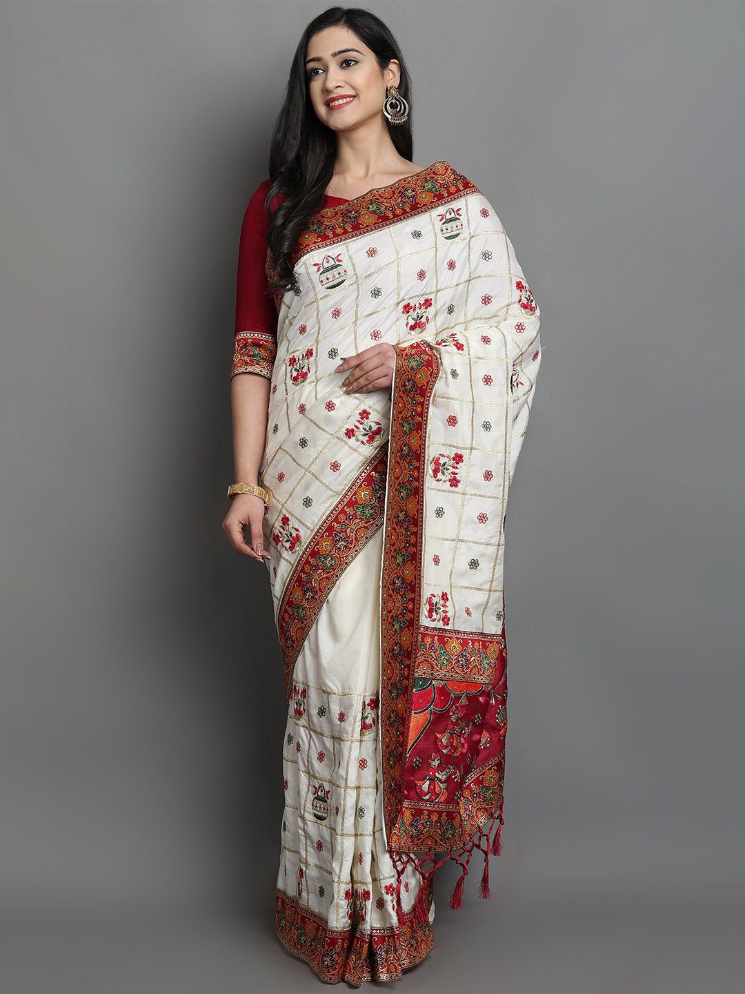Ekta Textiles White & Red Woven Design Zari Silk Blend Patola Saree Price in India