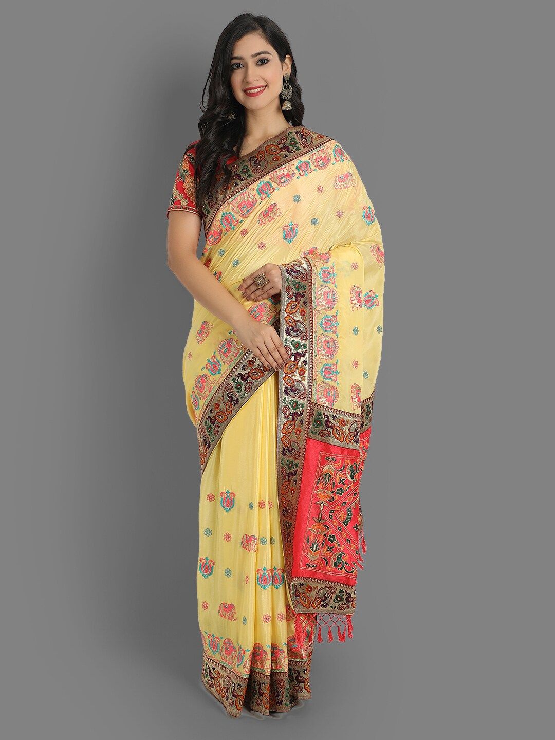 Ekta Textiles Yellow & Red Woven Design Embroidered Silk Blend Patola Saree Price in India